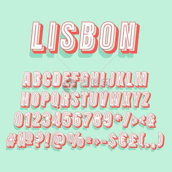 Lisbon3d矢量字母集Retro粗体字型Pop艺术平板字母组旧学校风格的字母数符号包90年代8创意类别设计模板vintage图片