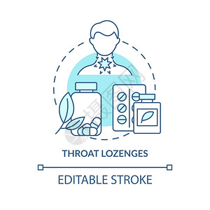 Throatlozenges概念图标喉咙处理酸概念的细线插图疼痛的解脱蜂蜜和薄荷成分矢量孤立的大纲RGB颜色绘图可编辑中风概念图图片