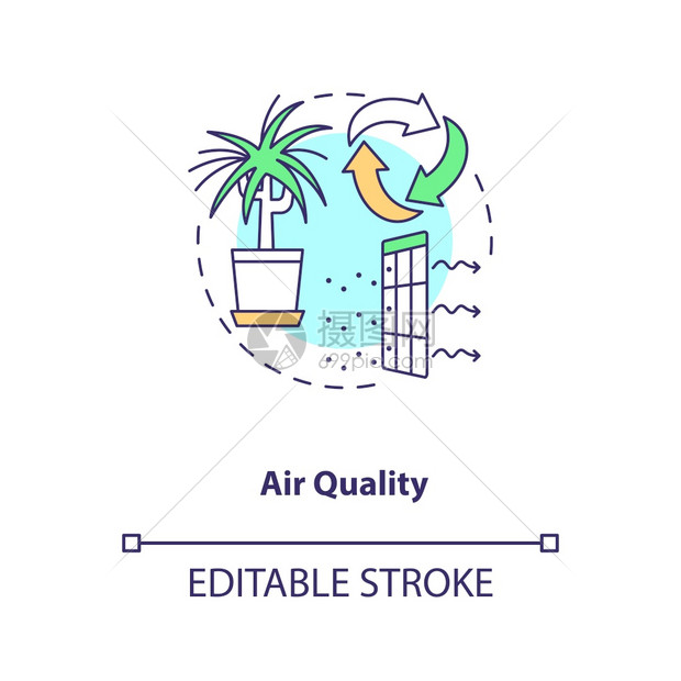 空气质量概念图标室内通风清洁环境护理空气循环生物学概念细线插图矢量孤立大纲RGB彩色绘图可编辑的中风图片