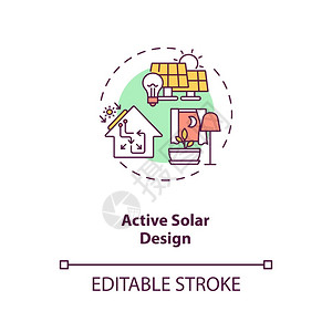 活太阳能设计概念图标可再生持续能源来智房屋的电力生物学理念细线插图矢量孤立大纲RGB彩色绘图可编辑中风主动太阳能设计概念图标图片