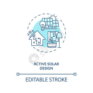 活动太阳能设计蓝色概念图标可再生持续能源来家庭用电生物学概念细线插图矢量孤立大纲RGB彩色绘图可编辑中风主动太阳能设计蓝色概念图图片