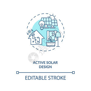 活动太阳能设计蓝色概念图标可再生持续能源来家庭用电生物学概念细线插图矢量孤立大纲RGB彩色绘图可编辑中风主动太阳能设计蓝色概念图背景图片