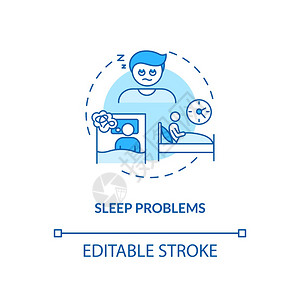 睡眠问题概念图标抗抑郁药副效应概念细线插图难以入睡压力时差偏矢量孤立的大纲RGB颜色绘图可编辑中风睡眠问题概念图标图片