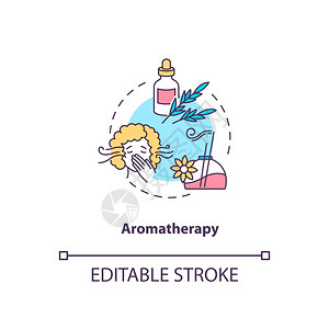 Aroma治疗概念图标用于减轻SAD想法的细线插图提示自然植物精选基本油类治疗养矢量孤立的大纲RGB颜色绘图可编辑的中风亚光疗法图片