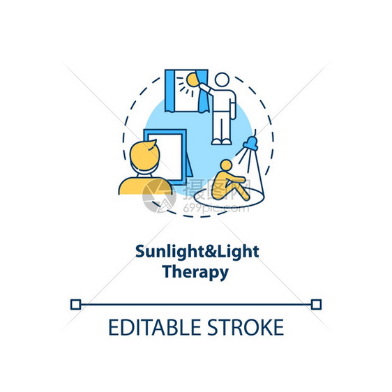 光和治疗概念图标SAD处理概念细线插图自然室外光室外增加能源水平矢量孤立大纲RGB彩色绘图编辑中风日光和治疗概念图标图片