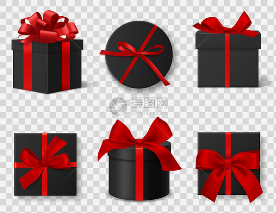 黑色礼品盒现实的3D豪华黑纸板圆桌和装有红丝带弓的方箱不同角度的侧面和顶端观点黑色星期五广告内容孤立的矢量现实3d黑纸板圆桌和装图片