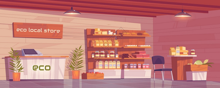 当地生态商店空置室内木架上生态产杂货店乳制品自香肠面包和蜂蜜农民食品零售地卡通矢量图杂货店图片