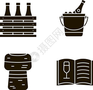酒巴葡萄啤箱香槟桶软木葡萄酒菜单硅色符号矢量单插图图片