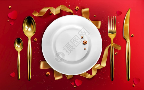 金餐具和顶端视图圣诞节晚餐用带丝珍珠和闪亮剂的红桌布陶瓷Xma节用餐具和的三维矢量插图在红色桌布上摆放金叉勺子和刀并配有丝带珍珠图片
