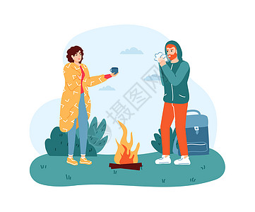 露营火附近的女和男旅行者毛毯上的女孩为男提供热饮以备暖旅行远足概念假期旅行积极的生活方式和娱乐病媒说明热饮为男孩提供热饮图片