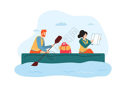 情侣划船旅行矢量插画图片