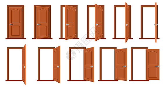 门动画打开和关闭的木门图画动屋入口不同位置的木门隔离矢量插图设置不同位的木门房屋外墙或间入口的孤立收藏门动画打开和关闭的木门隔离背景图片