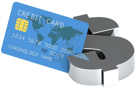 白背景上孤立的美元符号和蓝信用卡3D图片