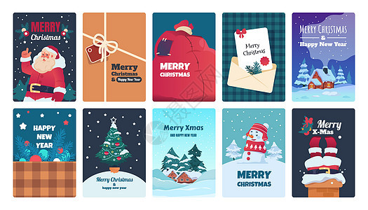 圣诞贺卡通假日明信片圣诞老人带礼物袋和冬季风景和雪人Victorvintage圣诞节旗帜和欢庆祝贺假日明信片圣诞老人带礼品袋和物图片