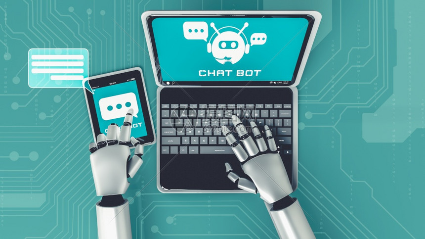 AI机器人使用计算与客户聊天在社交媒体和电子商务应用中提供帮助和智能信息的聊天机服务概念3D插图图片
