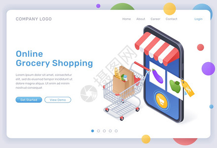 网上杂货购物等量式着陆页食品采购数字商店大型智能手机用车载货物和屏幕上互联网市场移动应用程序网络商店3d矢量网络横幅上杂货购物等图片