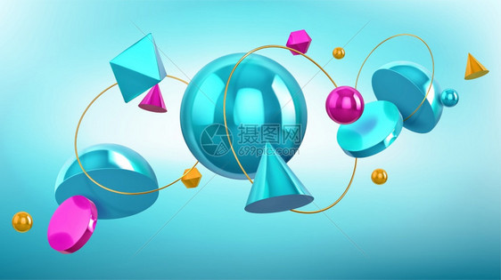具有3度几何形状球体和金环的全方位背景矢量抽象设计以蓝色背景的绿和蓝色成形图锥球八面和半球图片