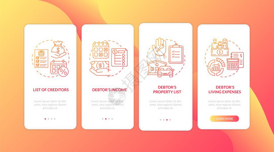 债权人和务在移动应用程序页面屏幕上红色登机包含概念银行会计金融危机通过5步图形指示带有RGB彩色插图的UI矢量模板债权人和务在移图片