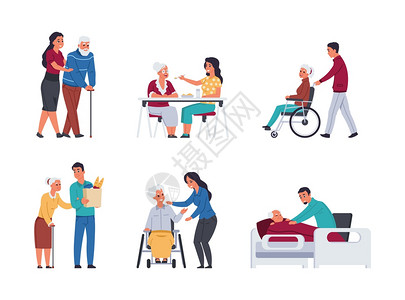 男性医院老年人护理帮助老年人的志愿者孤立卡通漫画男女支持退休人员残疾老年用拐杖行走和移动轮椅病媒固定装置卡通青年男女支持退休人员残疾老年插画