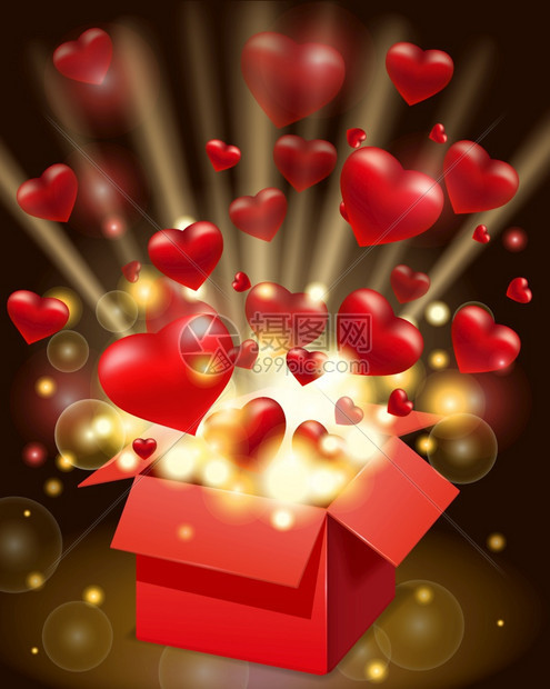 红礼盒打开上面有飞的心和亮光爆破情人节快乐的礼物盒矢量插图海报打开红礼盒爆破情人节快乐的礼物盒矢量插图海报横幅卡片孤立的图片