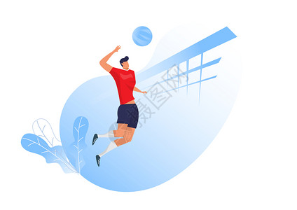 男人运动排球运动员跳打侧视图平面设计矢量插图插画