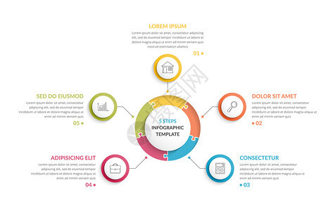 圆形信息模板圆形包含五个步骤或选项的圆形拼图进程创意商业信息图矢量eps10插图圆形信息五个元素图片