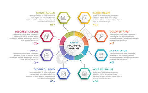 8个六边形的圆信息模板可用作步骤或选项流程图创造商业信息图矢量eps10插图图片