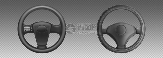 矢量现实的黑色皮革汽车方向轮以透明背景隔离模式和车角按钮图片