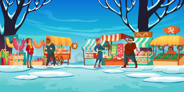 圣诞市场有摊位销售商和顾客冬季街头集市有摊位传统糖果和礼品firtree装饰出售雪地上的Kiosks卡通矢量图有摊位销售商和顾客图片