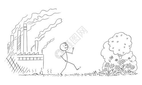 矢量卡通棒图示说明人类从一个自然的地方行走其自然受到重工业污染的破坏到森林污染植物开花矢量卡通说明人类从一个自然的地方行走被工业图片