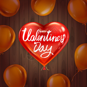 情人节快乐红心形状现实的彩色气球字母背景木桌金气球红心形状现实的彩色气球背景木桌金气球贺卡背景图片