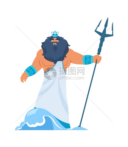 波塞冬或海王星希腊神卡通长袍和三叉戟王冠中的长胡子人古代神话中的