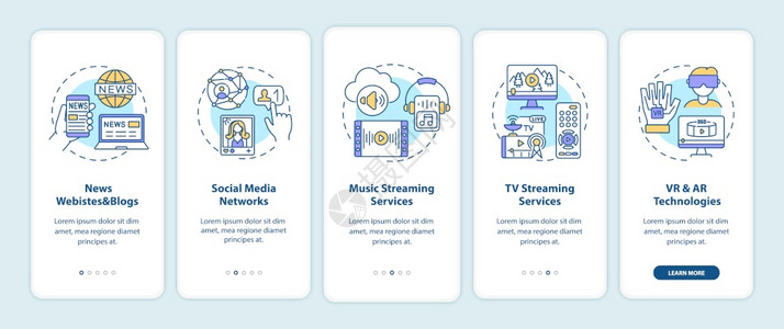 带有概念的移动应用程序页面屏幕上的新媒体示例闻网站音乐流通过5步图形指示配有RGB颜色插图的UI矢量模板背景图片