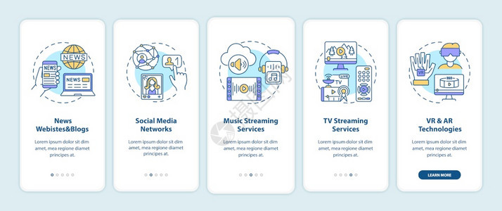带有概念的移动应用程序页面屏幕上的新媒体示例闻网站音乐流通过5步图形指示配有RGB颜色插图的UI矢量模板背景图片