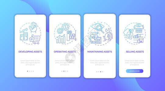 操作维护资产行走四步图形指示带有RGB颜色插图的UI矢量模板投资管理部分装有概念的移动应用程序页面屏幕图片