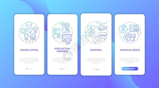 带有概念的移动应用程序页面屏幕上的无形资产种类人力资源金融产横穿四步图形指示带有RGB颜色插图的UI矢量模板图片