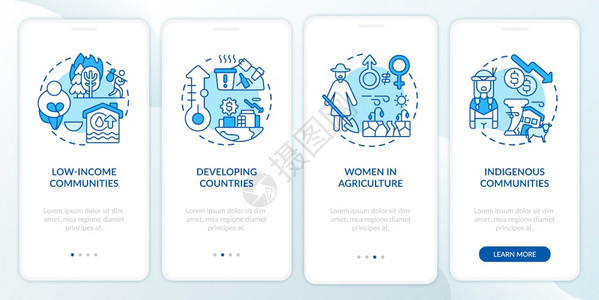 具有概念的移动应用程序页面屏幕上的气候贫困风险群体土著社区通过四步图形说明配有RGB颜色插图的UI矢量模板配有概念的移动应用程序图片