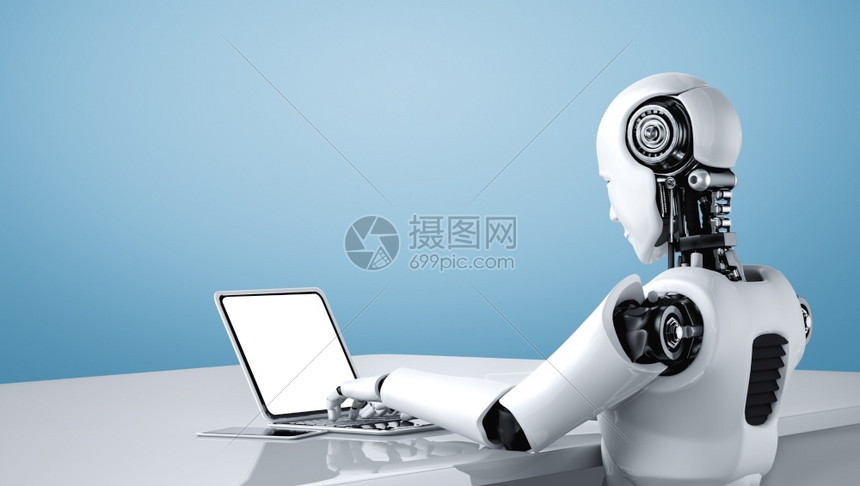 机器人使用笔记本电脑坐在未来办公室的桌子上同时使用人工智能思考