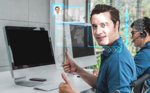 未来概念界面显示数字生物鉴别安全系统用于分析人的脸面以核实个人数据图片