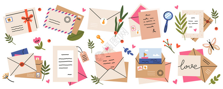 邮袋卡信封戳纸面信和邮件封可爱矢量说明贴纸和植物的爱情信息纸面封和邮件可爱矢量说明图片