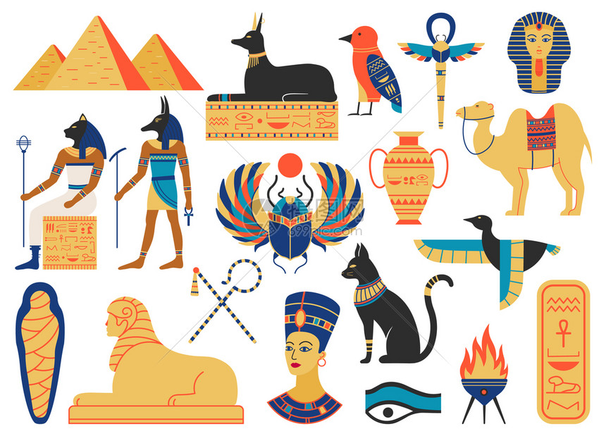埃及宗教和神话符号矢量示意图设置为彩虹甲虫斯芬克纪念碑古代环形符号神话生物金字塔和圣动物埃及宗教和神话符号矢量示意图设置为图片