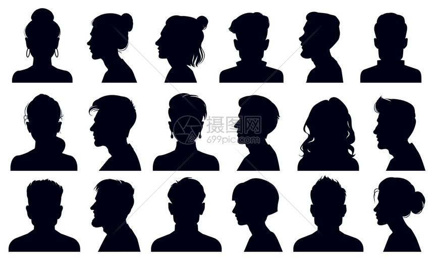 头影男女脸部肖像匿名人脸部画像匿名人头朝向插图面和完整部肖像黑色轮廓不明人物女和男脸部肖像人面图和完整部肖像图片