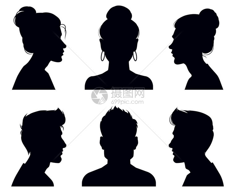 男与女头影人造图和全脸肖像匿名影子矢量图集成年人面对双光影男女