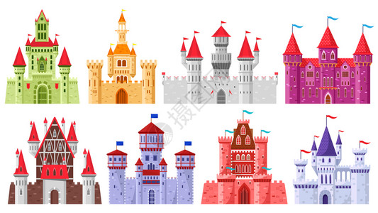 仙女中世纪塔卡通王冠古老的魔法城堡矢量图集中世纪建筑石城堡国王和后神秘的多彩堡垒古老的魔法城堡矢量图集中世纪建筑石城堡图片