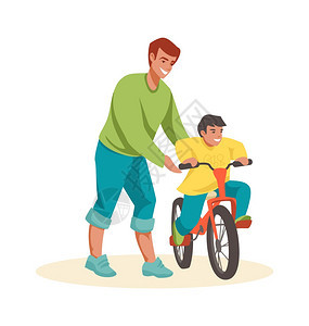 卡通家庭场景爸爸教儿子骑自行车矢量插画图片