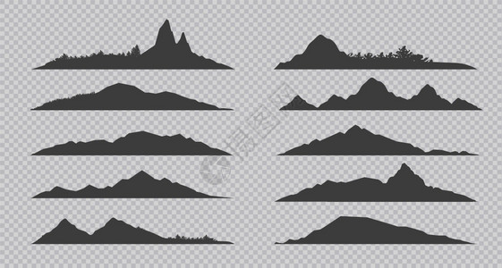山丘黑轮廓岩石和带森林的山丘以透明背景收集的轮廓地貌天空线和岩石峰锥形树的全景矢量板透明背景的轮廓地貌矢量板图片