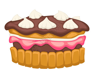 烤甜点馅饼加巧克力粉和慕丝美味香草奶油蛋糕的味道在面包店或家里制作的甜食餐厅菜单或烹饪书籍的组合平板矢量巧克力蛋糕加慕斯或鲜奶油图片