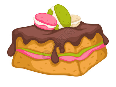 面包店或家里做的甜点蛋糕加巧克力粉慕斯和马卡龙馅饼加糖霜餐厅或咖啡馆的甜食餐饮或零以平式的矢量制成蛋糕加巧克力装饰着面包蛋糕加巧图片