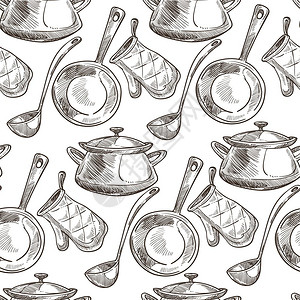 带盖子勺用于烹饪煎锅和主无缝模式烘烤手套和厨房用具家工保护手套单色草图大纲平式矢量图片