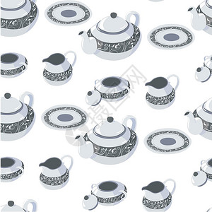 古典餐具用装饰品设计的餐具装饰品无缝的茶壶图案盖子碟杯和盘特殊场合的古典厨房餐具甜点节日矢量的陶器图片